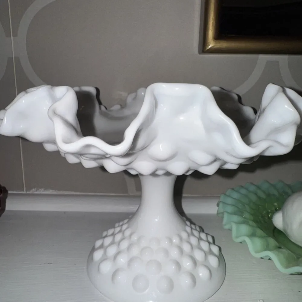 Vtg Fenton Hobnail White Milk Glass Ruffled Compote Pedestal Candy Dish Bowl 8x5